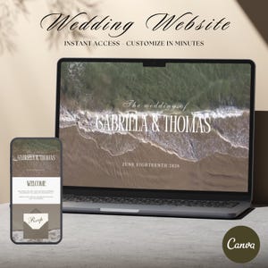 Coastal Wedding Website Template, RSVP & Travel Details, Canva Editable