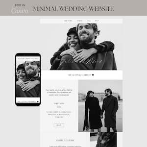 Może przedstawiać: Minimalistyczny projekt strony internetowej ślubnej w skali szarości. Projekt zawiera zdjęcie pary, słowa "Juliana and Robert" i frazę "Are Getting Married". Strona internetowa zawiera również sekcje dotyczące historii, harmonogramu, FAQ i RSVP.