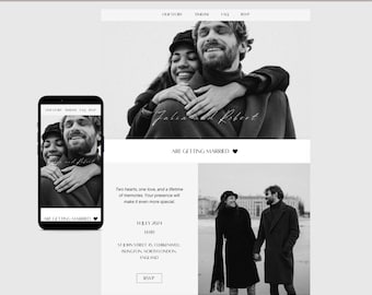 May include: A minimalist wedding website design in grayscale. The design includes a photo of a couple, the words "Juliana and Robert", and the phrase "Are Getting Married". The website also features sections for the story, timeline, FAQ, and RSVP.