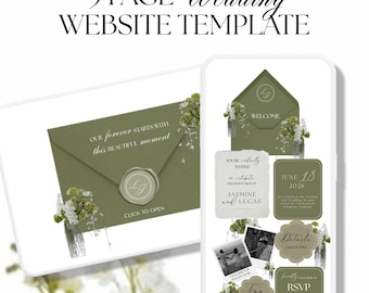 Puede incluir: Una plantilla de sitio web de bodas de 5 páginas con sobres verde salvia, sellos de cera, detalles florales y texto que incluye "OUR forever STARTS WITH this BEAUTIFUL moment" y "JASMINE and LUCAS" con la fecha 18 de junio de 2026.