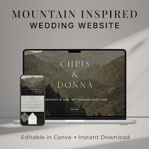 May include: A laptop and smartphone display a mountain-themed wedding website design. The laptop screen shows "Chris & Donna" over a mountain landscape. The smartphone displays a welcome screen. Text reads "Mountain Inspired Wedding Website."