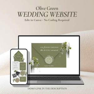 Olive Green Wedding Website Template Canva, Minimal Floral Digital Invitation Envelope with RSVP, Instant Download