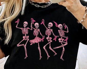 Camiseta Dancing Skeletons contra o câncer de mama, camiseta com laço rosa Skeletons, moletom de Halloween sobre câncer de mama, moletom com capuz para conscientização sobre o câncer de mama