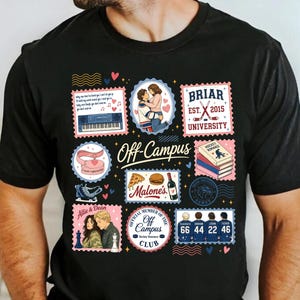 May include: A black t-shirt featuring a collage of graphic stamps and illustrations related to the Off-Campus book series. Designs include a piano, a couple, Briar University text, hockey skates, pizza, a burger, wine, and hockey jerseys.