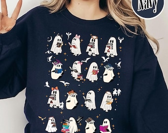 Ghost Reading Book Fantasy Series, Halloween Library Hoodie, Bookish Ghost Tee, Spooky Library Sweater, Halloween Gift For Book Lovers