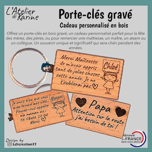 Gegraveerde houten sleutelhanger, gepersonaliseerd cadeau, Moederdag, minnares, atsem, Vaderdag, meester, collega...