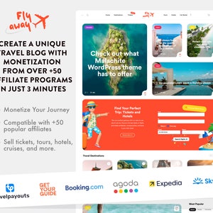 May include: A website screenshot showing a travel blog theme called Malachite. The website features a search bar, a list of travel destinations, and a call to action to "Monetize Your Journey". The website is compatible with over 50 popular affiliate programs, including Booking.com, Agoda, Expedia, and Skyscanner.