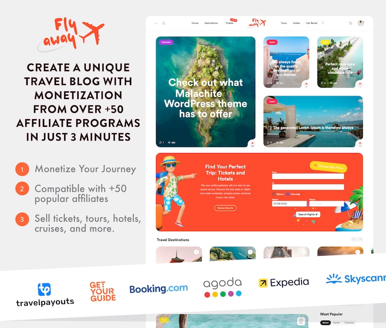 May include: A website screenshot showing a travel blog theme called Malachite. The website features a search bar, a list of travel destinations, and a call to action to "Monetize Your Journey". The website is compatible with over 50 popular affiliate programs, including Booking.com, Agoda, Expedia, and Skyscanner.