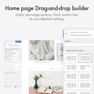 Op de afbeelding: Schermafbeelding van een website builder interface met de tekst "Home page Drag-and-drop builder". De interface toont opties voor het aanpassen van een webpagina, inclusief het ontwerp van uitgelichte berichten en het herschikken van secties.