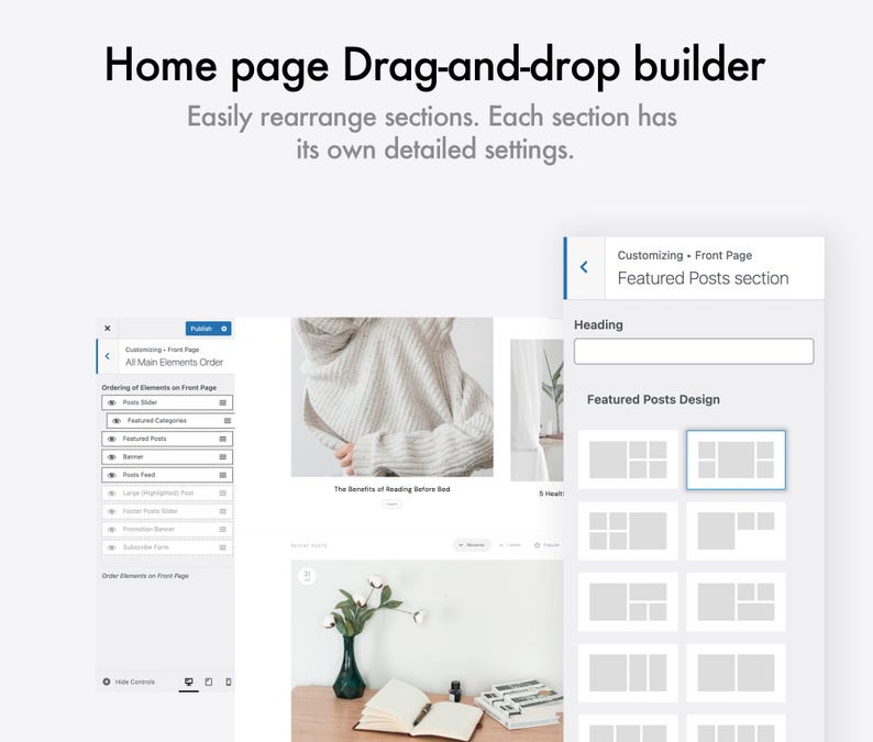 Op de afbeelding: Schermafbeelding van een website builder interface met de tekst "Home page Drag-and-drop builder". De interface toont opties voor het aanpassen van een webpagina, inclusief het ontwerp van uitgelichte berichten en het herschikken van secties.