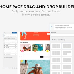 May include: A screenshot of a website builder interface showing a drag-and-drop builder for a homepage. The builder allows users to easily rearrange sections and customize each section with detailed settings. The image shows a preview of a website with a travel theme, featuring images of Japan and Thailand.