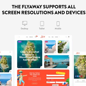 May include: A screenshot of a website for a travel agency called Fly Away. The website is designed to be responsive and works on desktop, tablet, and mobile devices. The website features images of tropical destinations and a call to action to find your perfect trip.