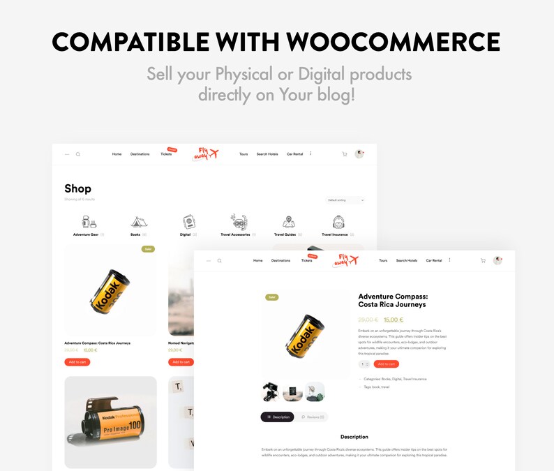 May include: A website screenshot showing a shop page with a product listing for an Adventure Compass: Costa Rica Journeys. The product is a digital download and costs $15.00. The product description includes information about the guide and its features.