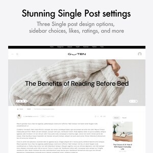 Op de afbeelding: Website-ontwerp met een blogpost getiteld "De voordelen van lezen voor het slapengaan". Het ontwerp bevat een navigatiebalk, een uitgelichte afbeelding en tekst. De tekst "Stunning Single Post settings" staat bovenaan.