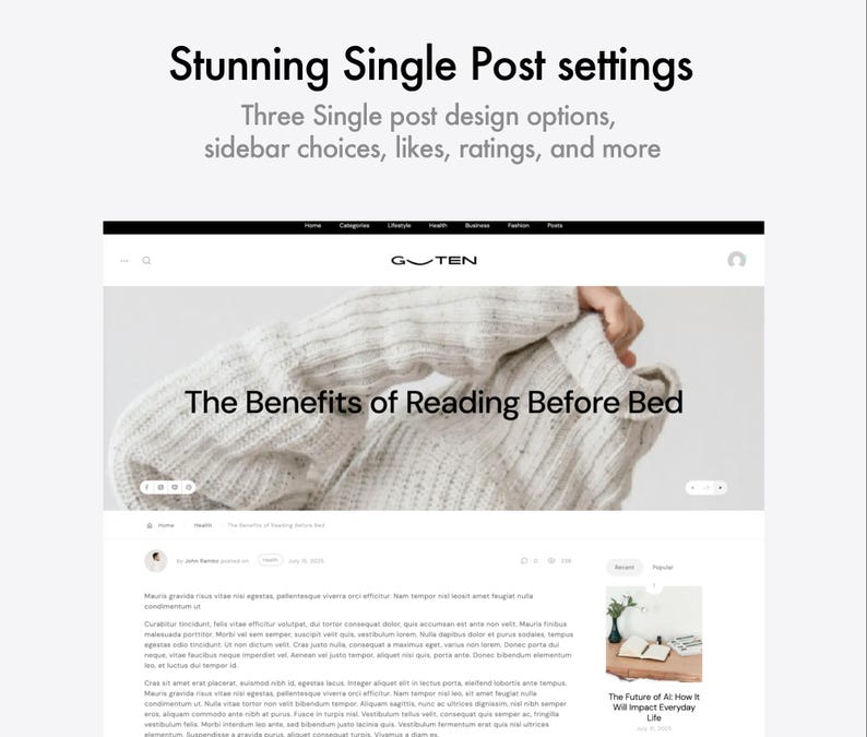 Op de afbeelding: Website-ontwerp met een blogpost getiteld "De voordelen van lezen voor het slapengaan". Het ontwerp bevat een navigatiebalk, een uitgelichte afbeelding en tekst. De tekst "Stunning Single Post settings" staat bovenaan.