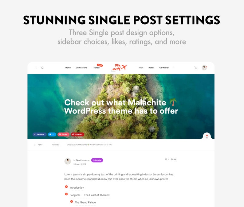 May include: A screenshot of a website with a blog post about the Malachite WordPress theme. The post features a large image of a tropical island with a turquoise lagoon. The text "Check out what Malachite WordPress theme has to offer" is displayed on the image. The post also includes a section with a list of topics, including "Introduction", "Bangkok - The Heart of Thailand", and "The Grand Palace".