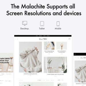 Op de afbeelding: Een website-ontwerp weergegeven op desktop-, tablet- en mobiele apparaten. De website toont blogposts met afbeeldingen en tekst, inclusief de kop "The Malachite Supports all Screen Resolutions and devices."
