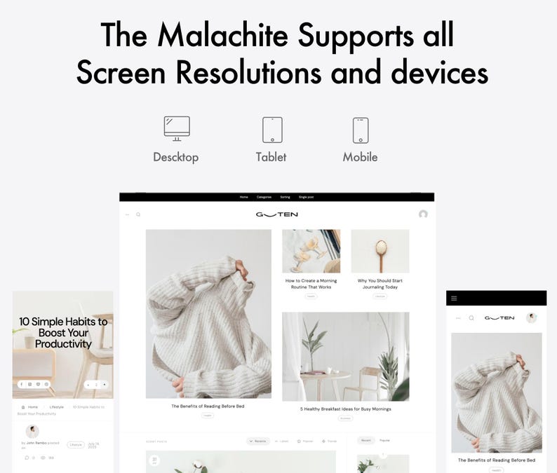Op de afbeelding: Een website-ontwerp weergegeven op desktop-, tablet- en mobiele apparaten. De website toont blogposts met afbeeldingen en tekst, inclusief de kop "The Malachite Supports all Screen Resolutions and devices."