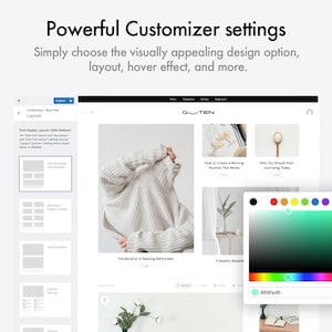 Op de afbeelding: Schermafbeelding van een website builder interface met de tekst "Powerful Customizer settings". De interface bevat een kleurenpalet, lay-out opties en blog post previews. Het kleurenpalet toont een reeks kleuren, waaronder een turquoise kleur met de hex-code #89fad6.