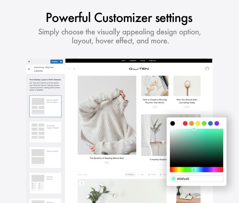 Op de afbeelding: Schermafbeelding van een website builder interface met de tekst "Powerful Customizer settings". De interface bevat een kleurenpalet, lay-out opties en blog post previews. Het kleurenpalet toont een reeks kleuren, waaronder een turquoise kleur met de hex-code #89fad6.