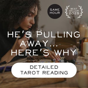 Puede incluir: Imagen que promociona una lectura de tarot detallada. El texto dice "Se está alejando... Aquí está el por qué" y "Lectura de tarot detallada". Se ve una bola de cristal y velas.