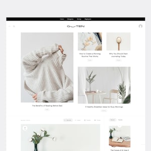 Op de afbeelding: Een website homepage met een minimalistisch ontwerp. De bovenste navigatiebalk bevat het woord "GOTEN". Uitgelichte artikelen zijn onder meer "How to Create a Morning Routine That Works" en "The Benefits of Reading Before Bed". Andere artikelen zijn "Why You Should Start Journaling Today" en "5 Healthy Breakfast Ideas for Busy Mornings".