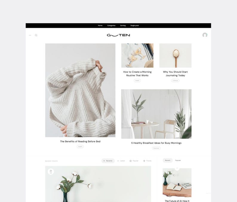 Op de afbeelding: Een website homepage met een minimalistisch ontwerp. De bovenste navigatiebalk bevat het woord "GOTEN". Uitgelichte artikelen zijn onder meer "How to Create a Morning Routine That Works" en "The Benefits of Reading Before Bed". Andere artikelen zijn "Why You Should Start Journaling Today" en "5 Healthy Breakfast Ideas for Busy Mornings".