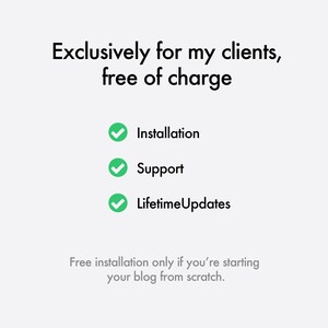 Op de afbeelding: Afbeelding met de tekst "Exclusief voor mijn klanten, kosteloos." Daaronder drie groene vinkjes met de woorden "Installatie", "Support" en "Levenslange Updates". De onderste tekst luidt: "Gratis installatie alleen als je je blog vanaf nul start."