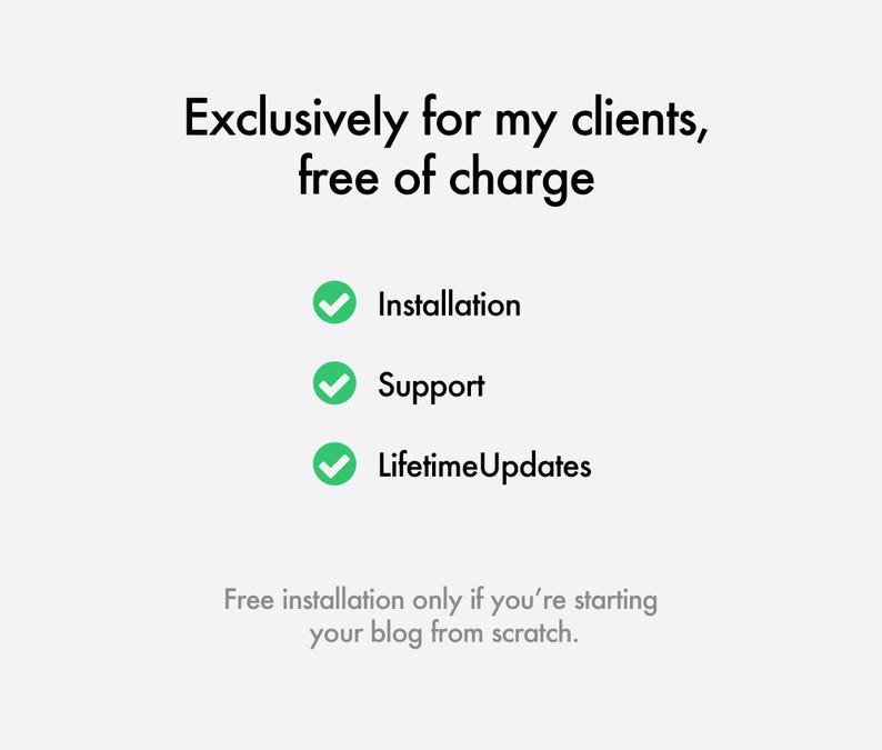 Op de afbeelding: Afbeelding met de tekst "Exclusief voor mijn klanten, kosteloos." Daaronder drie groene vinkjes met de woorden "Installatie", "Support" en "Levenslange Updates". De onderste tekst luidt: "Gratis installatie alleen als je je blog vanaf nul start."