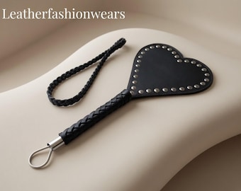 Heart Shaped Spanking Paddle - Black Leather BDSM Paddle for Couples, Kink & Impact Play with Studs Wrist Strap