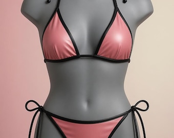 Pink Leder Bikini Set mit Schwarzem Rand - Dreieckstuch und Neckholdertop mit seitlicher Schnürung