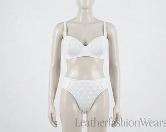 White Quilted Leather Lingerie Set – Handmade Bra and High-Waisted Panty