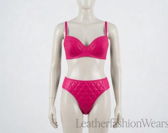 Pink Quilted Leather Lingerie Set – Handmade Bra & High-Waisted Panty