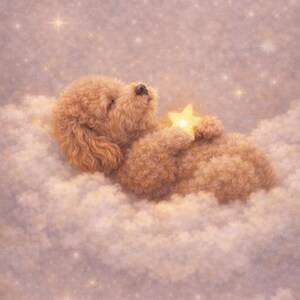 May include: A whimsical illustration of a light brown dog-like creature, curled up on a fluffy cloud. The creature is holding a glowing yellow star, with a starry sky and a full moon in the background. The overall color palette is soft and dreamy.