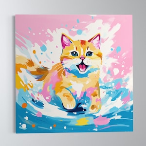 Verspielte Katze in Ginger: Splash Hintergrund, Kinderzimmer Dekor (Digitaler Download)