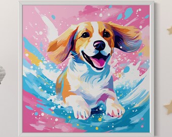 Könnte beinhalten: Ein farbenfrohes Gemälde eines Hundes, der durch Wasser rennt. Der Hund ist weiß und braun mit einem rosa Hintergrund und blauem Wasser.