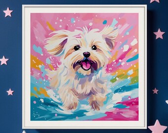 Könnte beinhalten: Ein weißer Hund vor einem rosa Hintergrund mit bunten Farbstichen. Der Hund rennt und hat die Zunge herausgestreckt. Das Bild ist in einem weißen Rahmen gerahmt.