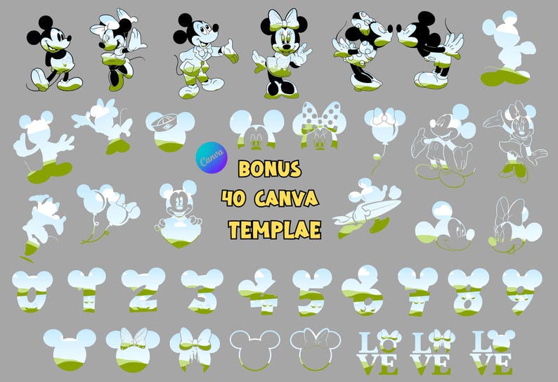 350 Mickey & Minnie Mouse Bundle | SVG, PNG, DXF Files for Cricut and Silhouette | 350 designs Disney Clipart , 20 Designs Canva Templates.