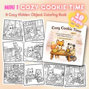 May include: A collection of coloring pages and a book titled "Cozy Cookie Time." The book cover features a fox and a possum at a table with cookies. The coloring pages depict various scenes with animals, including a fox and a mouse, in a kitchen setting.