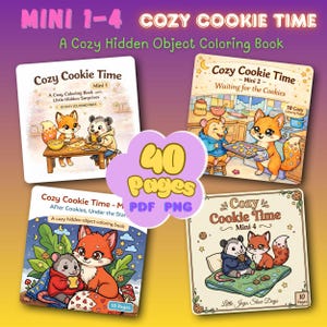 May include: Four "Cozy Cookie Time" coloring books with illustrations of foxes, opossums, and cookies. The books are labeled Mini 1-4 and feature the text "A Cozy Hidden Object Coloring Book". The image also includes the text "40 Pages".