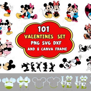Mickey and Minnie Valentine&#39;s Day 101 Cliparts Set,Valentines Day SVG PNG DXF/ Silhouette,8 Mickey Minnie Ears Canva Frame instant download.