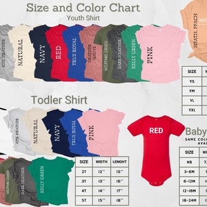 May include: A size and color chart for youth shirts, toddler shirts, and baby onesies. It displays various shirt colors including black, white, navy, red, and pink, alongside tables listing width and length measurements in inches for each size.
