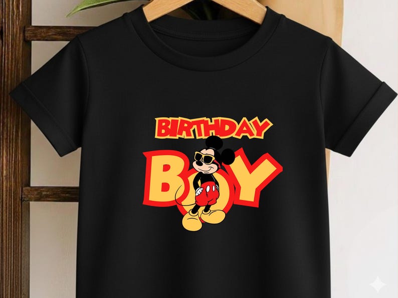 May include: A black short-sleeved t-shirt featuring a graphic of Mickey Mouse wearing sunglasses. The text "BIRTHDAY BOY" is printed in large yellow letters with a red outline above and behind the character, who wears red shorts and yellow shoes.