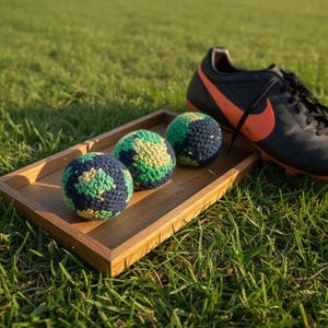 May include: Three hand-crocheted balls in a wooden tray, with a soccer cleat in the background. The balls feature a globe design with blue, green, and yellow yarn. The soccer cleat is black with an orange Nike swoosh.