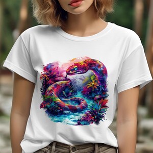 Colorful Serpent Art T-Shirt, Vibrant Jungle Snake Graphic Tee, Unisex Exotic Animal Print Top, Tropical Nature Inspired Clothing