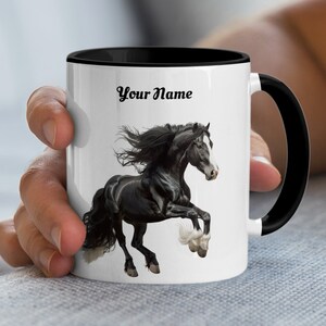 Personalized Horse Mug, Custom Name Majestic Stallion Coffee Cup, Unique Equestrian Gift, Animal Lover Drinkware, Black Horse Art
