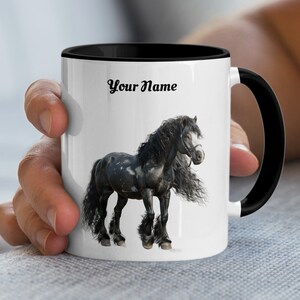 Personalized Horse Mug, Custom Name, Black Stallion Coffee Cup, Equestrian Lover Gift, Majestic Horse Drinkware, Unique Horse Themed Mug