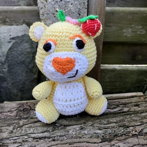 Yellow Teddy Bear Plush with Strawberry on the Ear – Handmade and Soft – Care Bears Inspired – Unique Gift for Kids or Fans