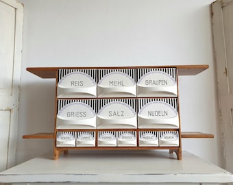antique spice cabinet, vintage spice rack, dispensers, ceramic, ironstone, drawers, country kitchen, Art Deco, rare