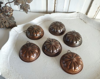 Set : 6 moules à pâtisserie anciens, moules à gâteaux, cuivre, moules vintage, tartelettes, français, brocante, cuisine de campagne